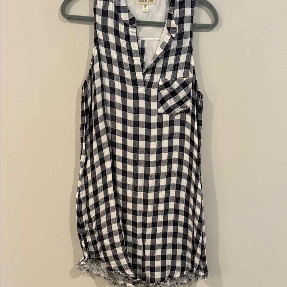 Cloth & Stone ANTHROPOLOGIE dress size small navy white check mini fray hem